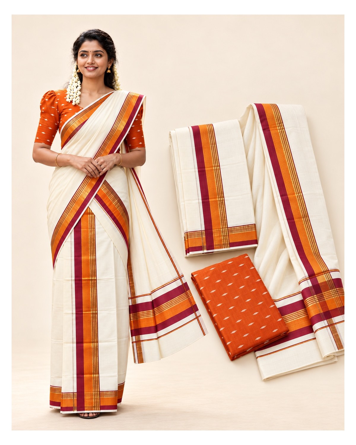 Kerala Traditional Fancy Set Mundu with Blouse - Orange / Maroon / Gold - image 2 | SONAS Clothing