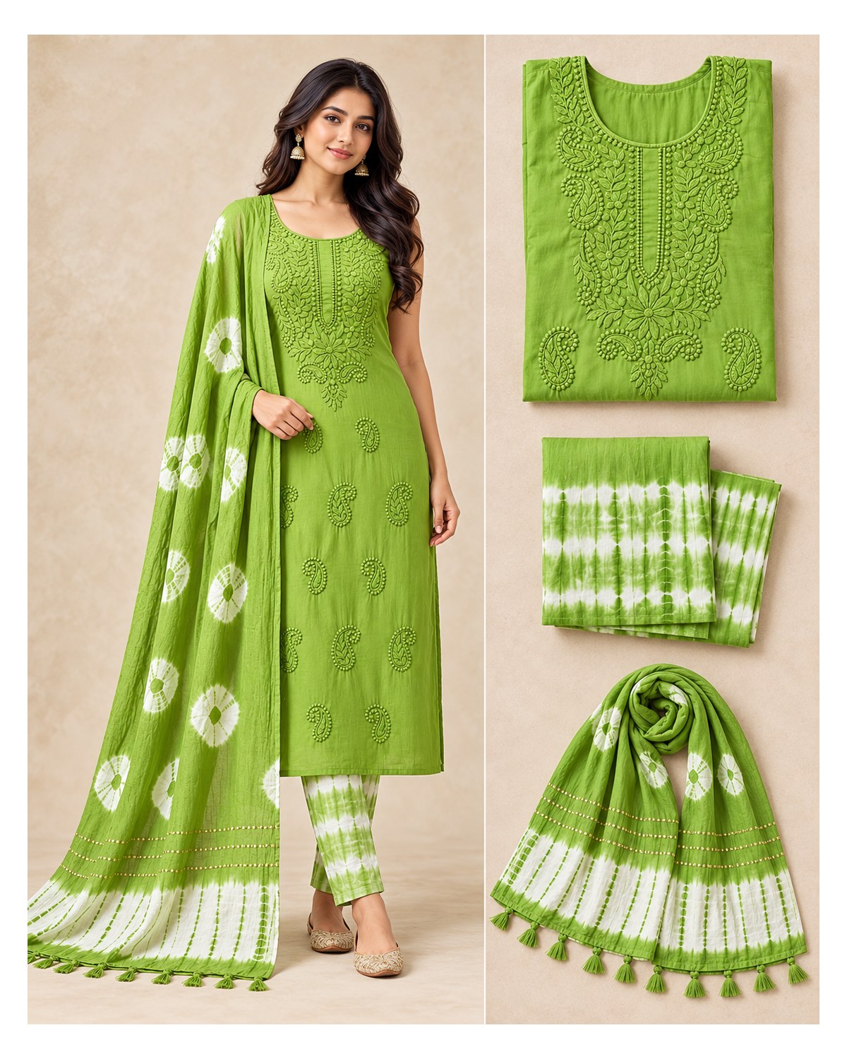 Lucknowi Embroidered Cotton Batik Churidar Material - Leaf Green - image 3 | SONAS Clothing