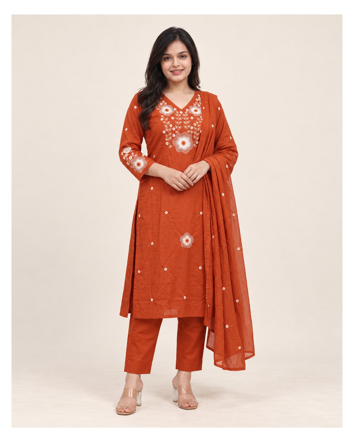 Premium Fine Cotton Embroidered Kurti Pant Dupatta Set - Rust Orange / Terracotta - Ready-to-Wear Churidar | SONAS Clothing