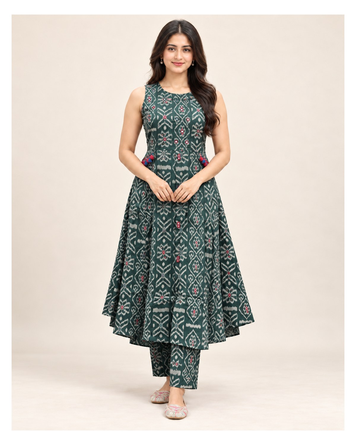 Heavy Cotton Handwork Kurti & Pant Set - Deep Green - CO-ORD SET | SONAS Clothing