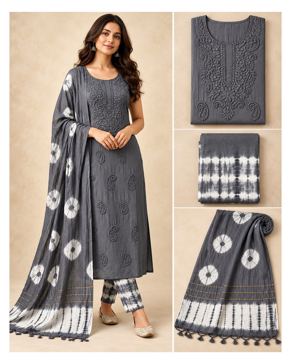 Lucknowi Embroidered Cotton Batik Churidar Material - Charcoal Grey - image 3 | SONAS Clothing