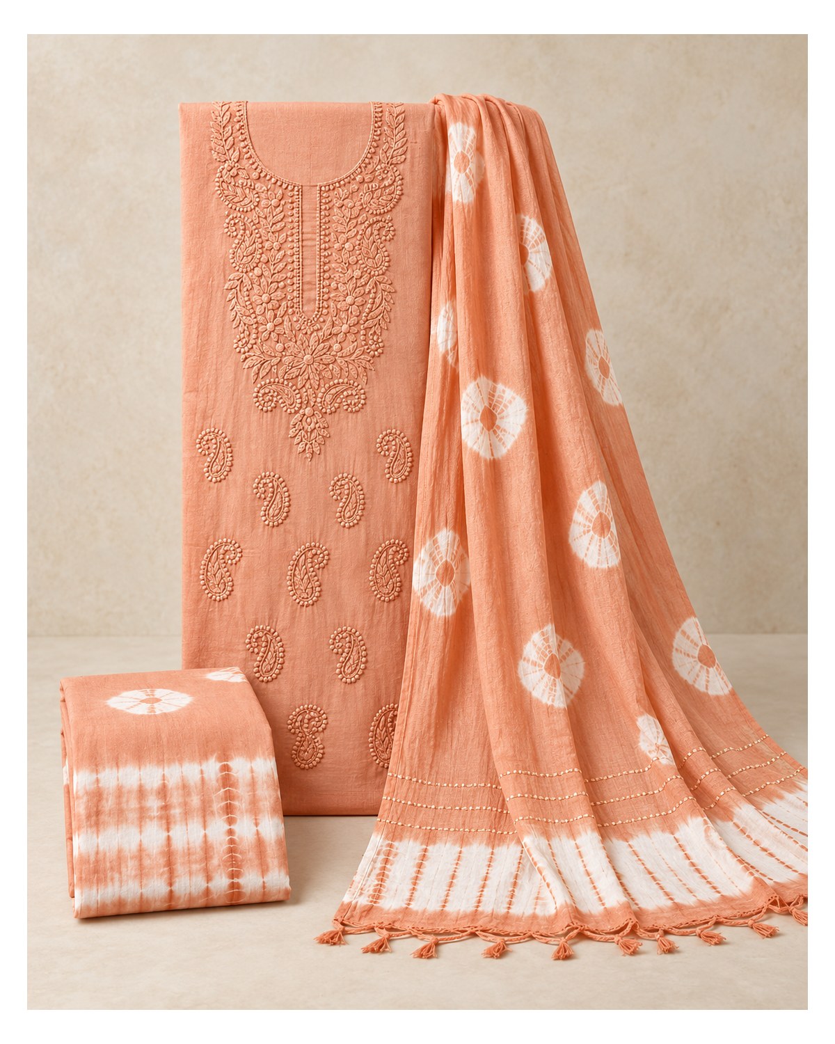 Lucknowi Embroidered Cotton Batik Churidar Material - Soft Peach - image 2 | SONAS Clothing