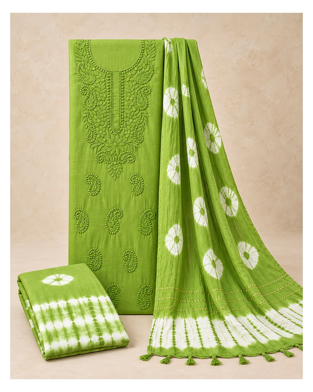 Lucknowi Embroidered Cotton Batik Churidar Material - Leaf Green - image 2 | SONAS Clothing