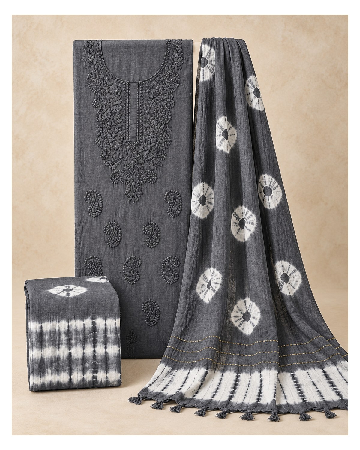 Lucknowi Embroidered Cotton Batik Churidar Material - Charcoal Grey - image 2 | SONAS Clothing