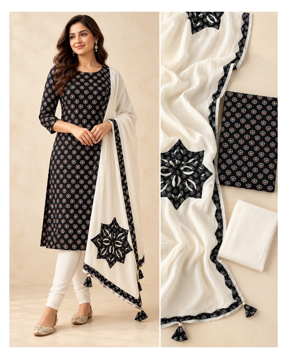 Ajrakh Printed Cotton Patchwork Dupatta Suit - Black Mini Motif / Ivory
