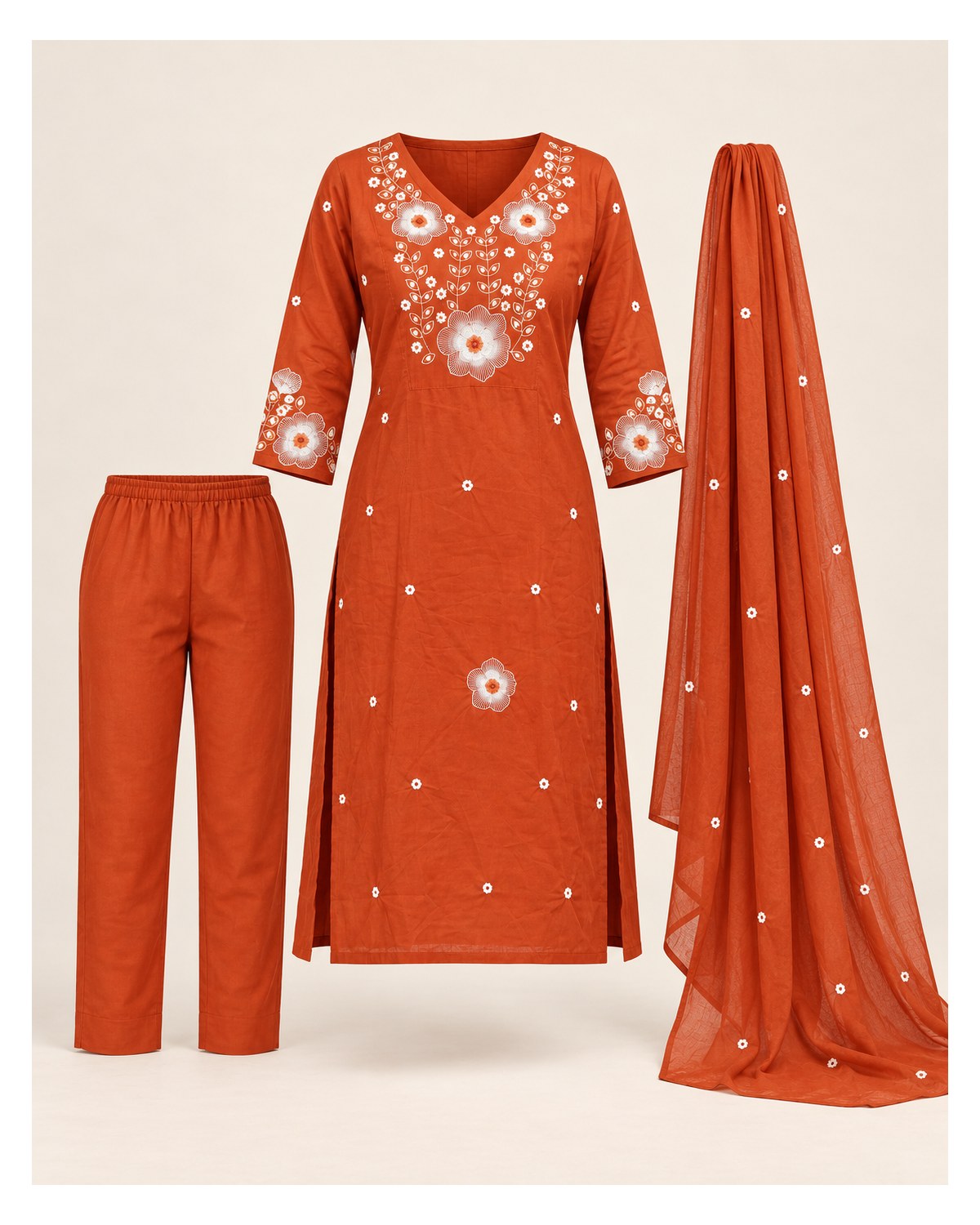 Premium Fine Cotton Embroidered Kurti Pant Dupatta Set - Rust Orange / Terracotta - image 3 | SONAS Clothing
