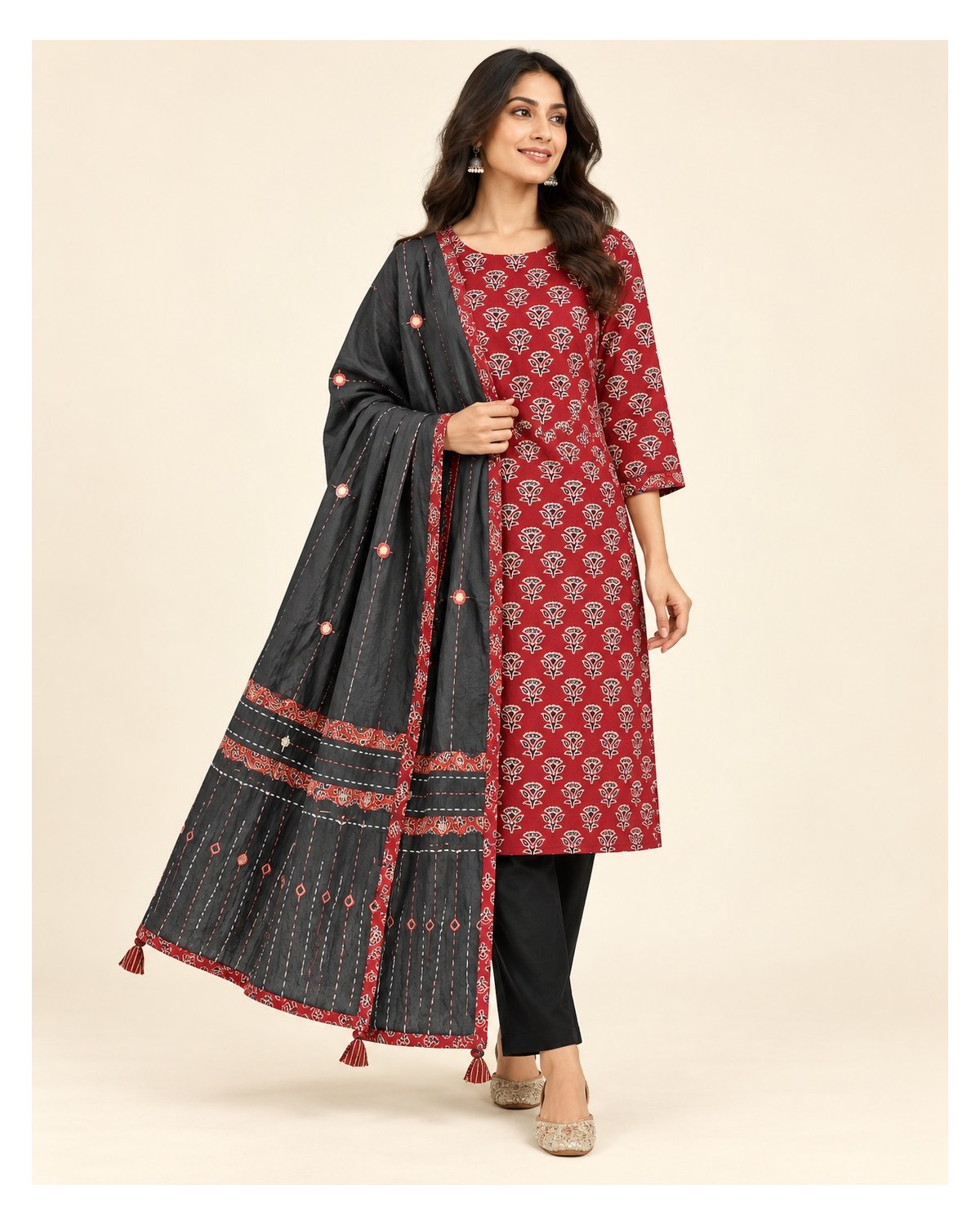 Ajrakh Printed Cotton Patchwork Dupatta Suit - Maroon Floral / Charcoal Patchwork