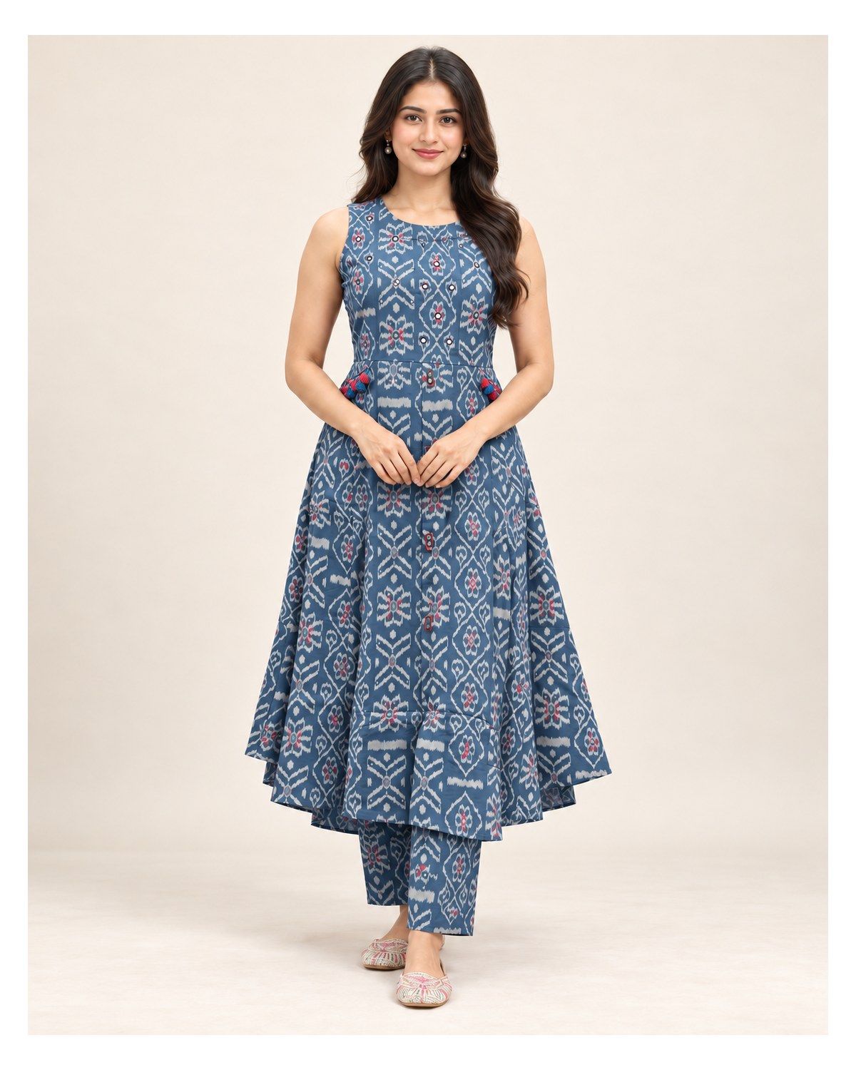 Heavy Cotton Handwork Kurti & Pant Set - Blue Grey - CO-ORD SET | SONAS Clothing