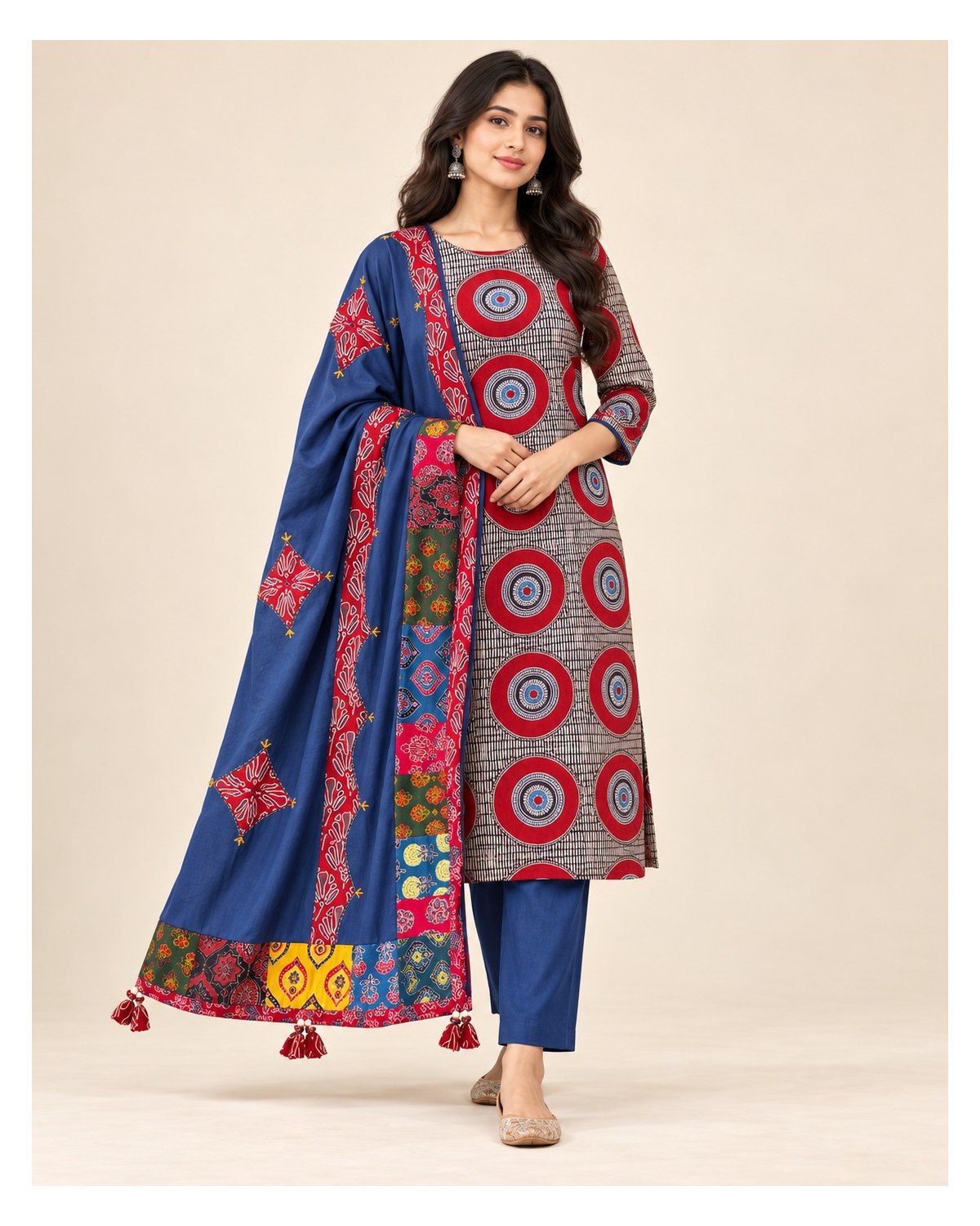 Ajrakh Printed Cotton Patchwork Dupatta Suit - Red Medallion / Navy Patchwork - image 6 | SONAS Clothing