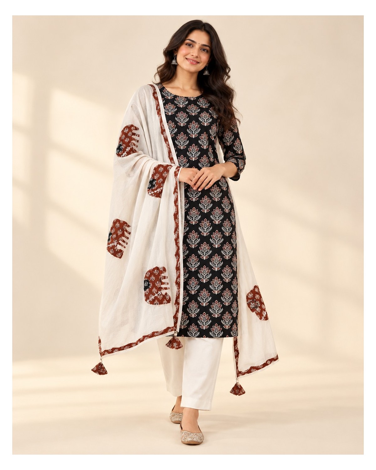 Ajrakh Printed Cotton Patchwork Dupatta Suit - Black Floral / Ivory - image 3 | SONAS Clothing