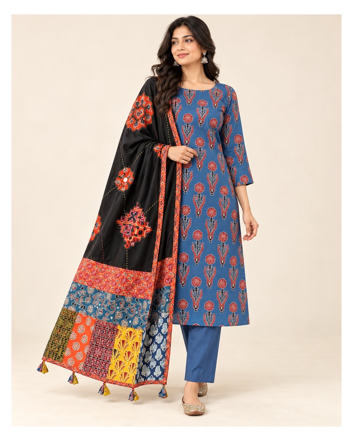 Ajrakh Printed Cotton Patchwork Dupatta Suit - Blue Floral / Black Patchwork - image 2 | SONAS Clothing