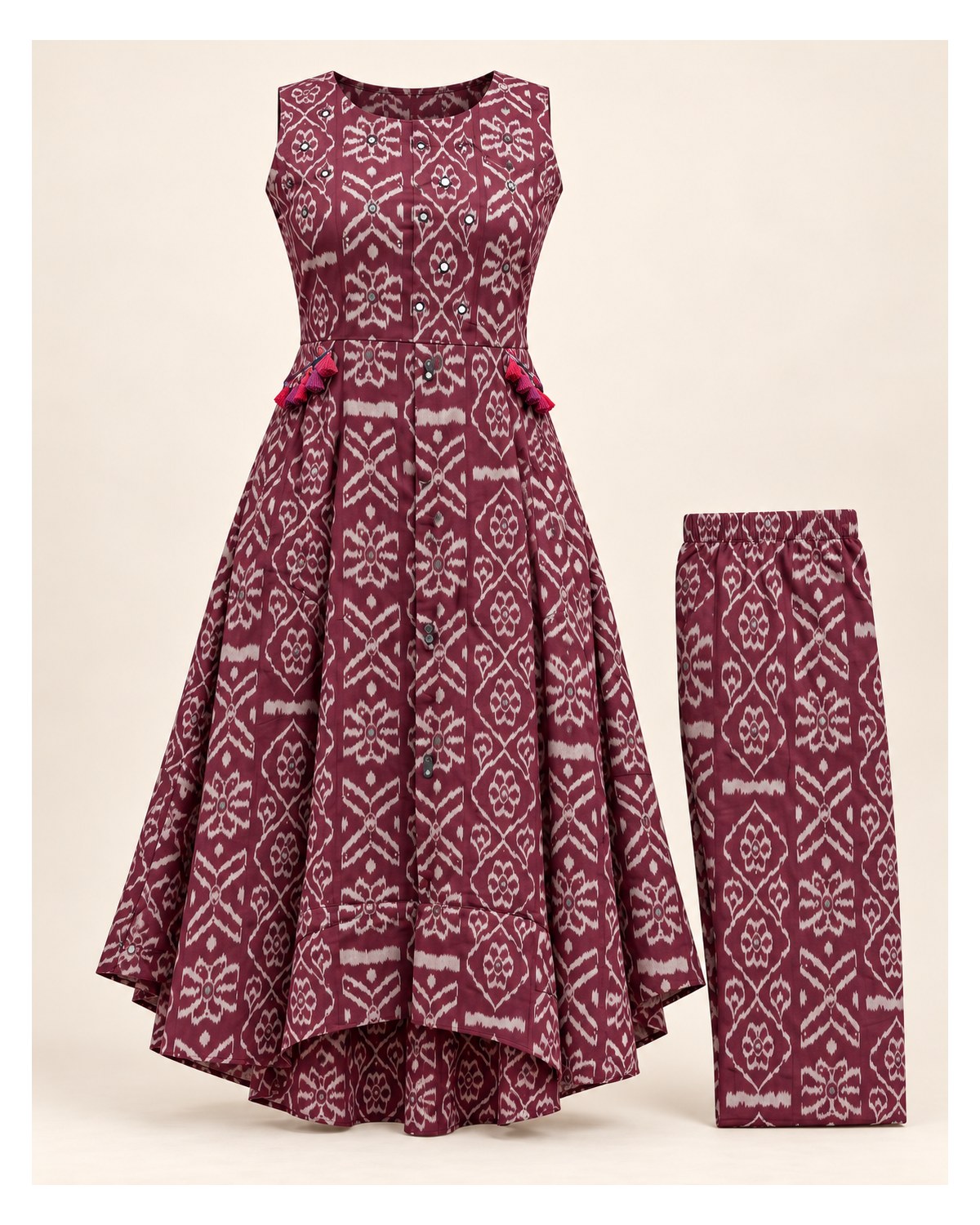 Heavy Cotton Handwork Kurti & Pant Set - Wine - image 3 | SONAS Clothing