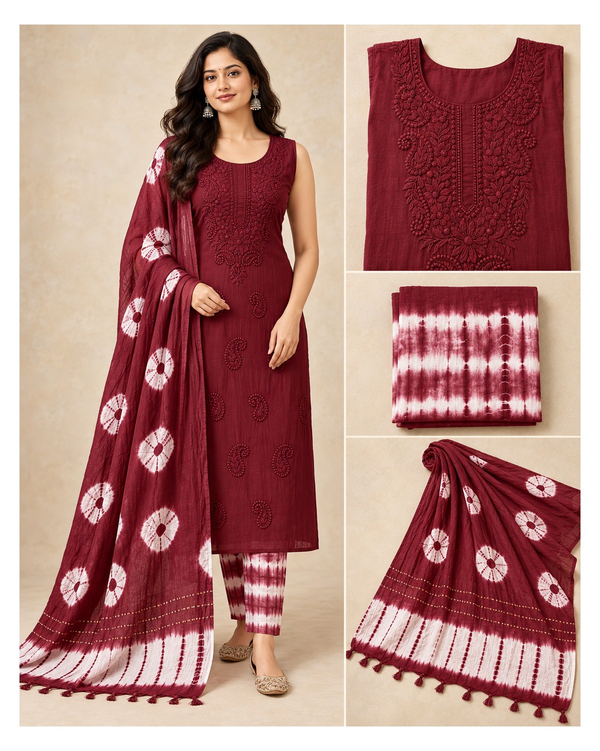 Lucknowi Embroidered Cotton Batik Churidar Material - Maroon / Wine - image 3 | SONAS Clothing
