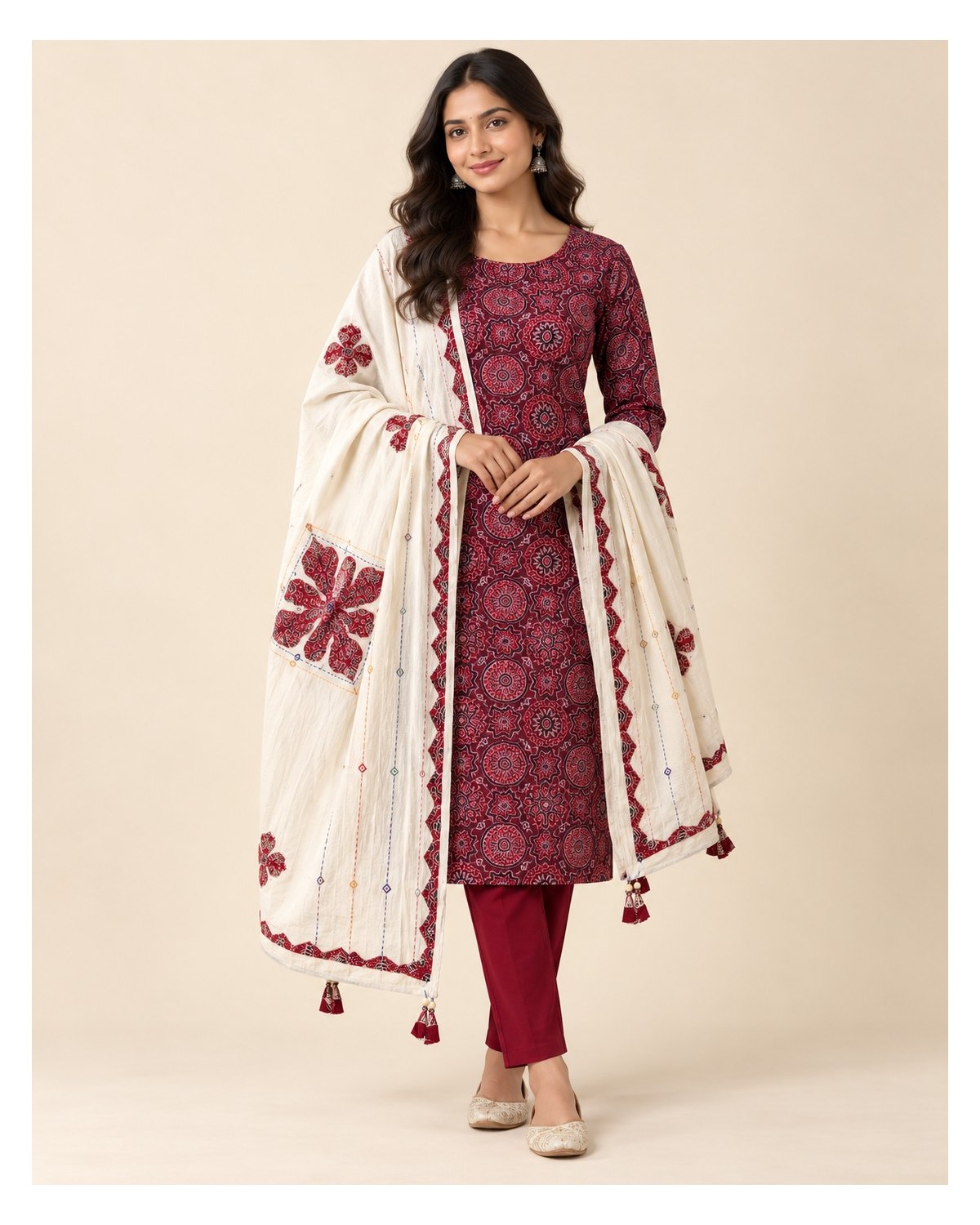 Ajrakh Printed Cotton Patchwork Dupatta Suit - Maroon Ajrakh / Ivory - image 7 | SONAS Clothing