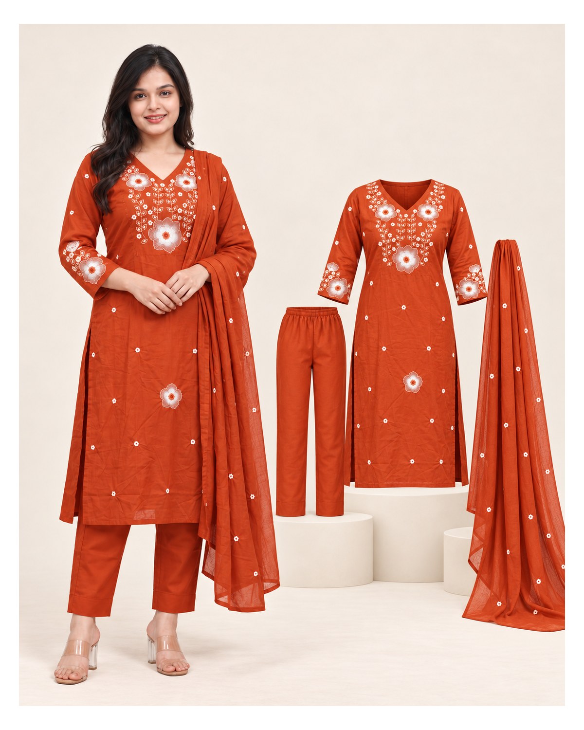 Premium Fine Cotton Embroidered Kurti Pant Dupatta Set - Rust Orange / Terracotta - image 2 | SONAS Clothing