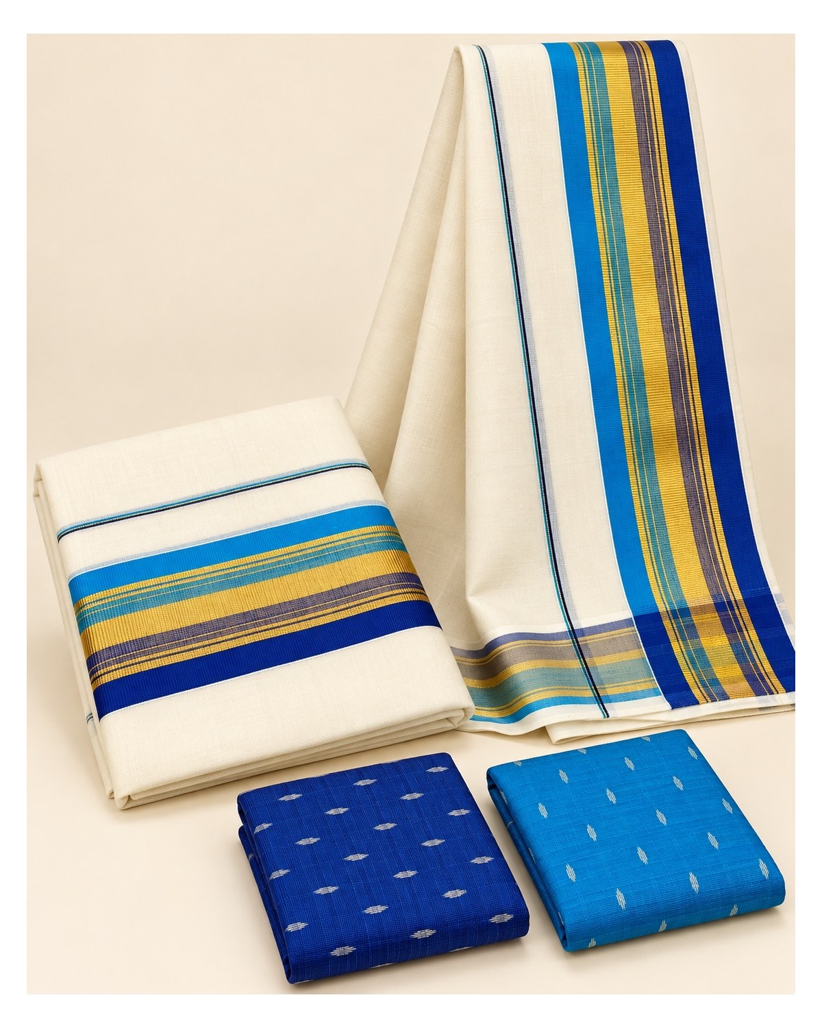 Kerala Traditional Fancy Set Mundu with Blouse - Royal Blue / Sky Blue / Gold - image 3 | SONAS Clothing