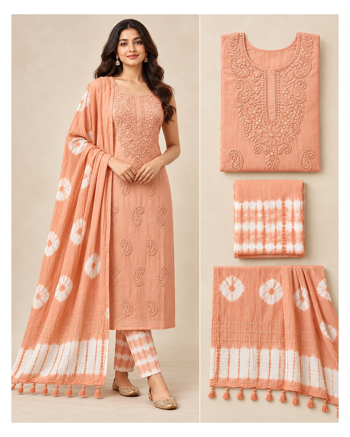 Lucknowi Embroidered Cotton Batik Churidar Material - Soft Peach - image 3 | SONAS Clothing