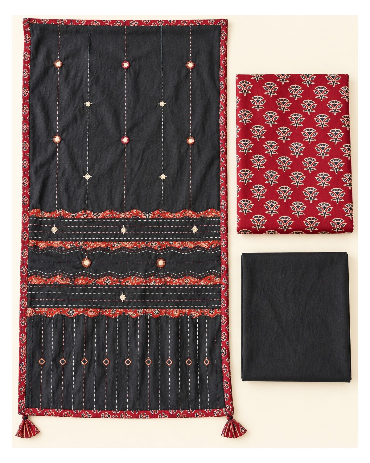 Ajrakh Printed Cotton Patchwork Dupatta Suit - Maroon Floral / Charcoal Patchwork - image 2 | SONAS Clothing