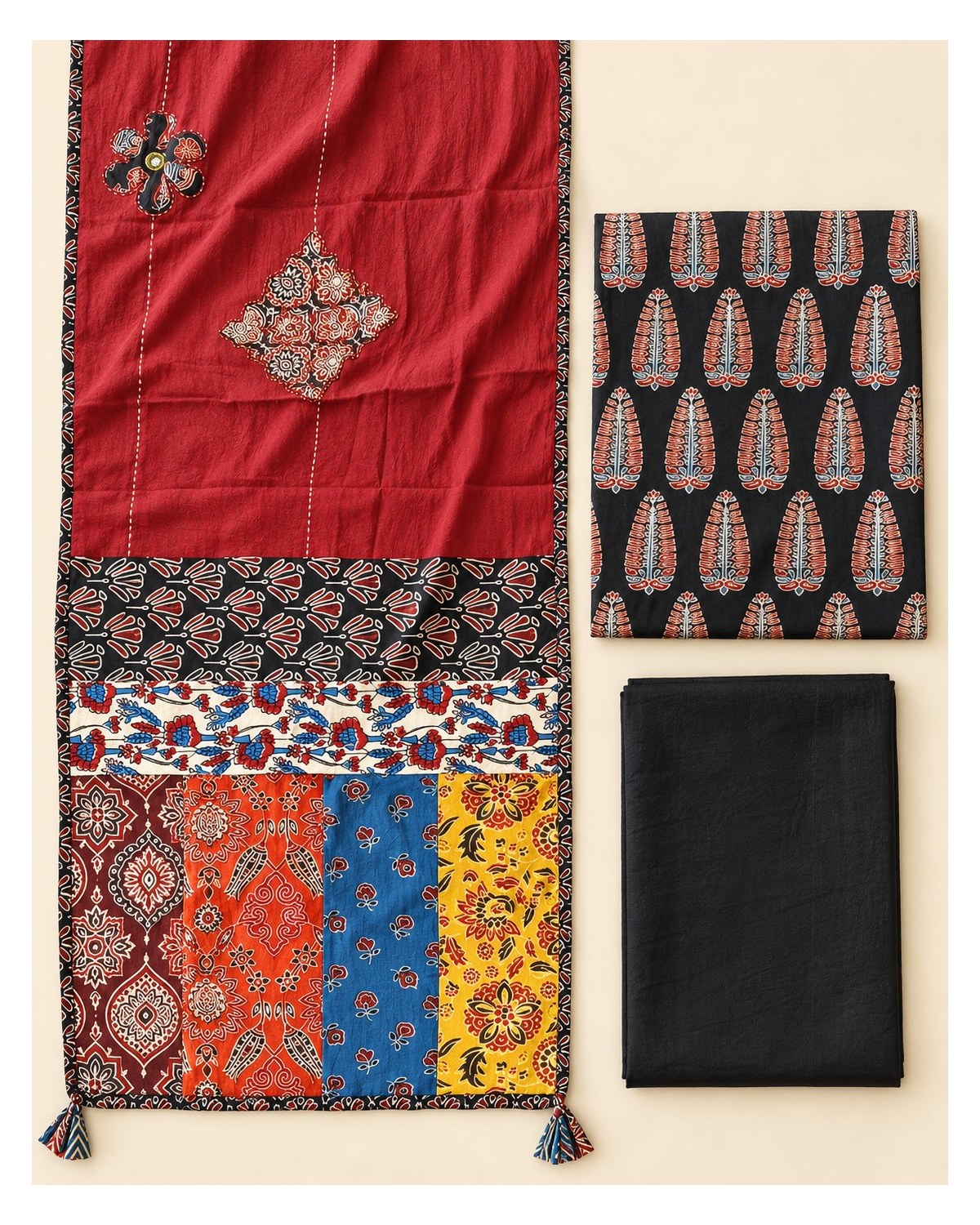Ajrakh Printed Cotton Patchwork Dupatta Suit - Charcoal / Maroon Patchwork - image 8 | SONAS Clothing