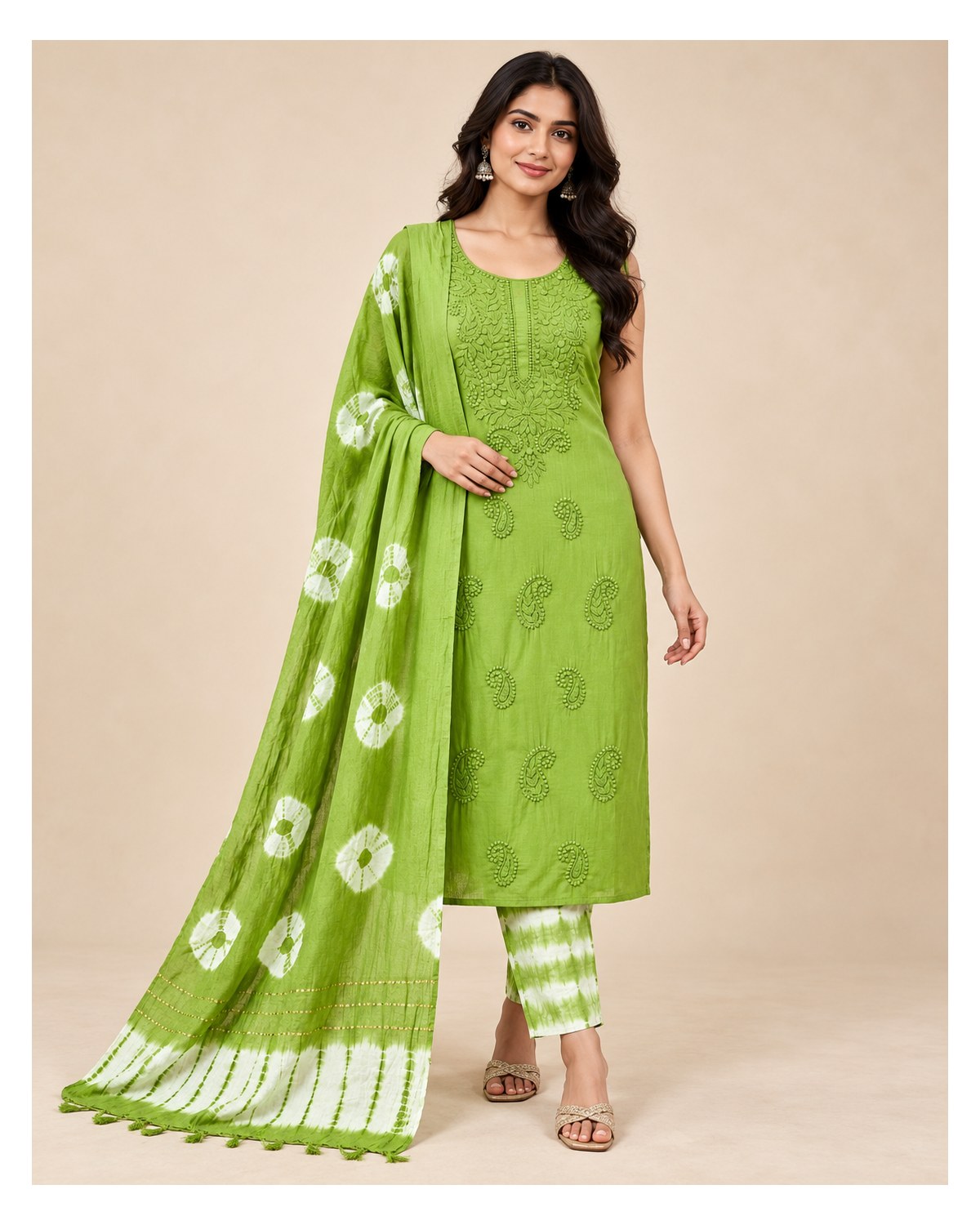Lucknowi Embroidered Cotton Batik Churidar Material - Leaf Green