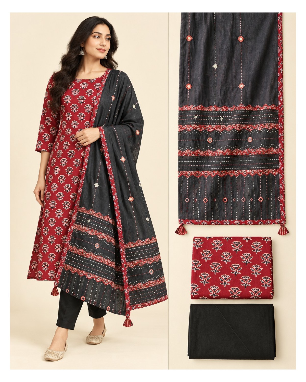 Ajrakh Printed Cotton Patchwork Dupatta Suit - Maroon Floral / Charcoal Patchwork - image 3 | SONAS Clothing