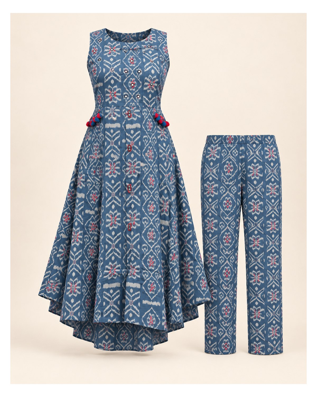 Heavy Cotton Handwork Kurti & Pant Set - Blue Grey - image 3 | SONAS Clothing