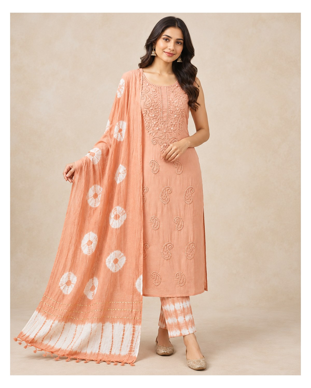 Lucknowi Embroidered Cotton Batik Churidar Material - Soft Peach