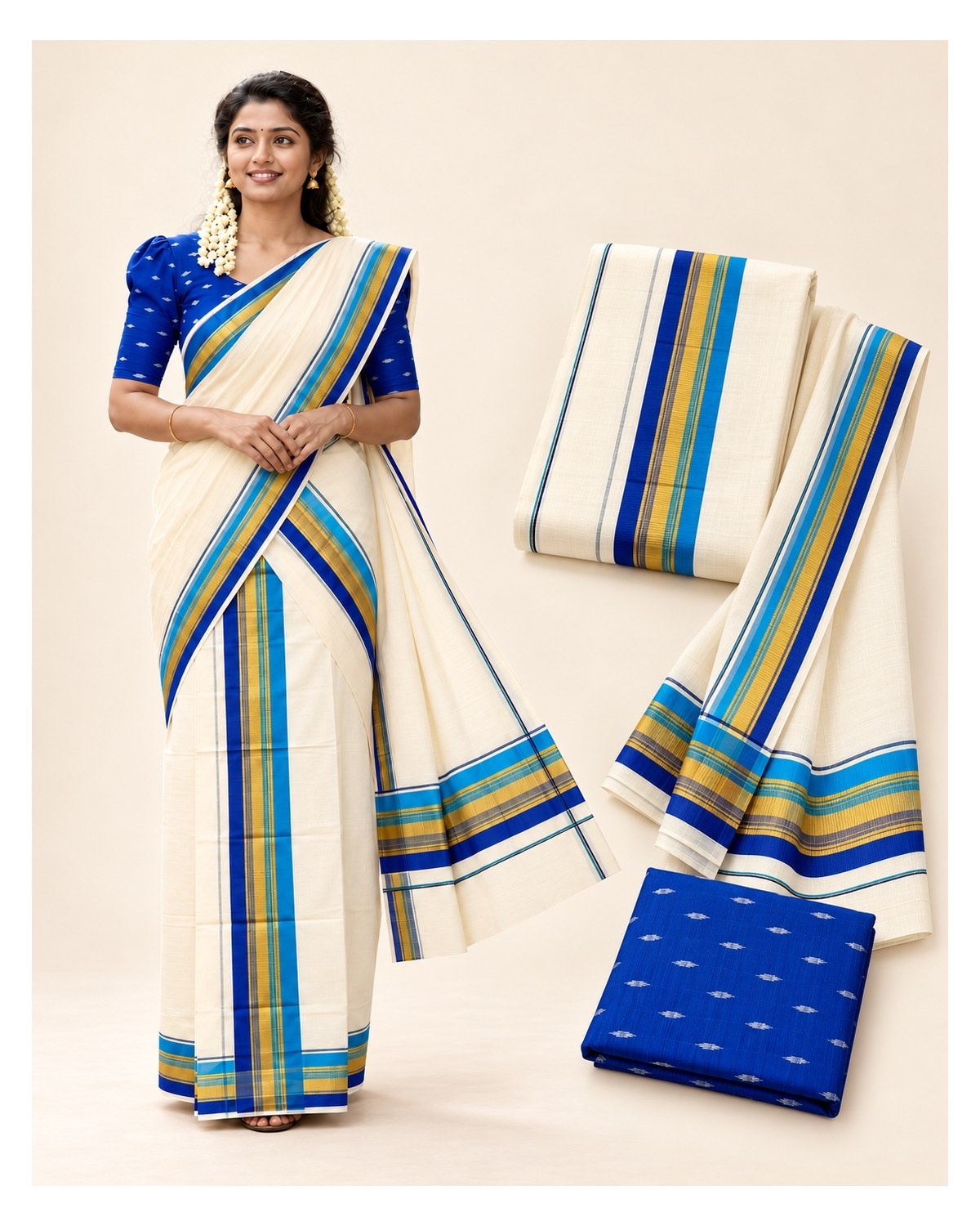 Kerala Traditional Fancy Set Mundu with Blouse - Royal Blue / Sky Blue / Gold - image 2 | SONAS Clothing