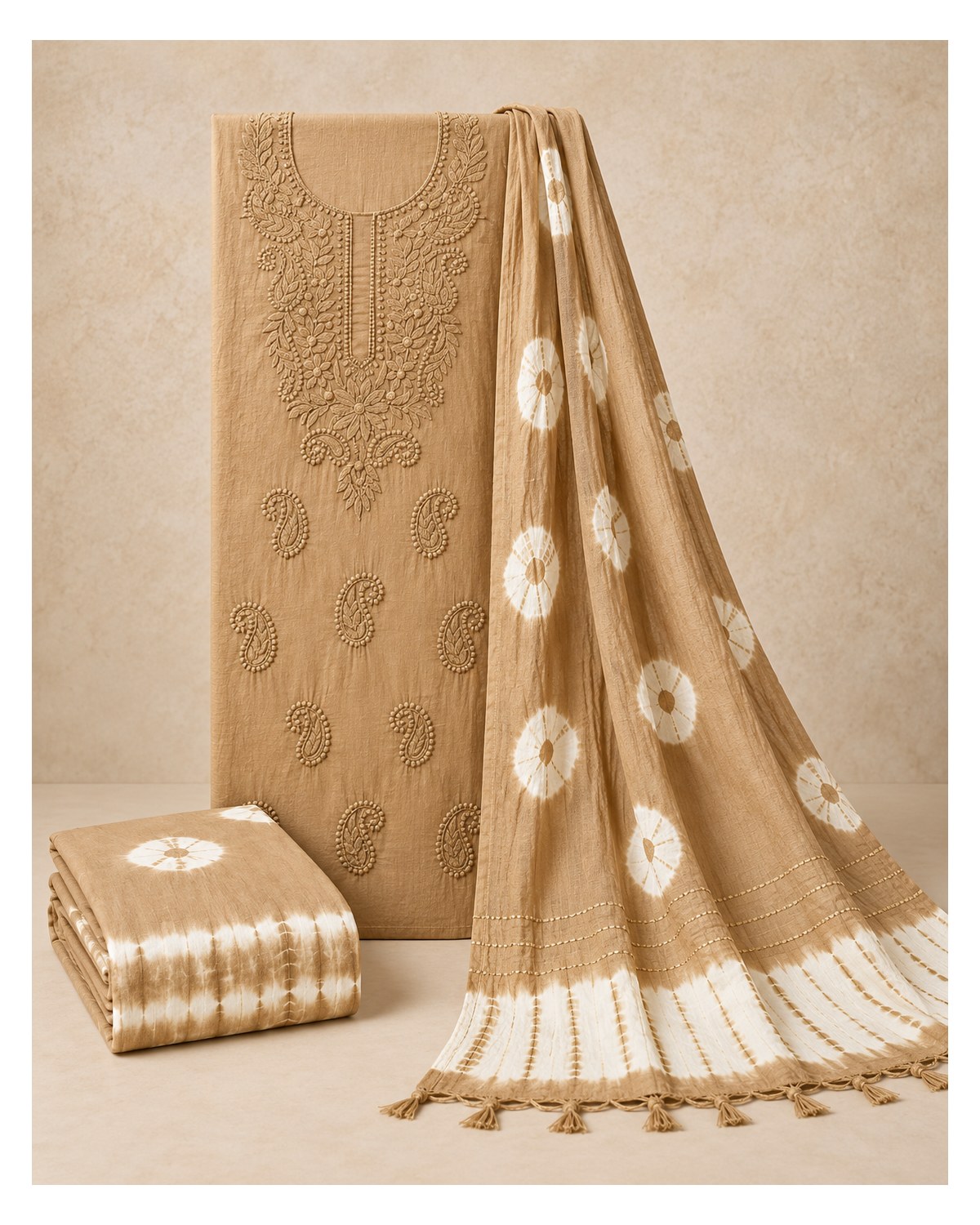 Lucknowi Embroidered Cotton Batik Churidar Material - Sand Beige - image 2 | SONAS Clothing