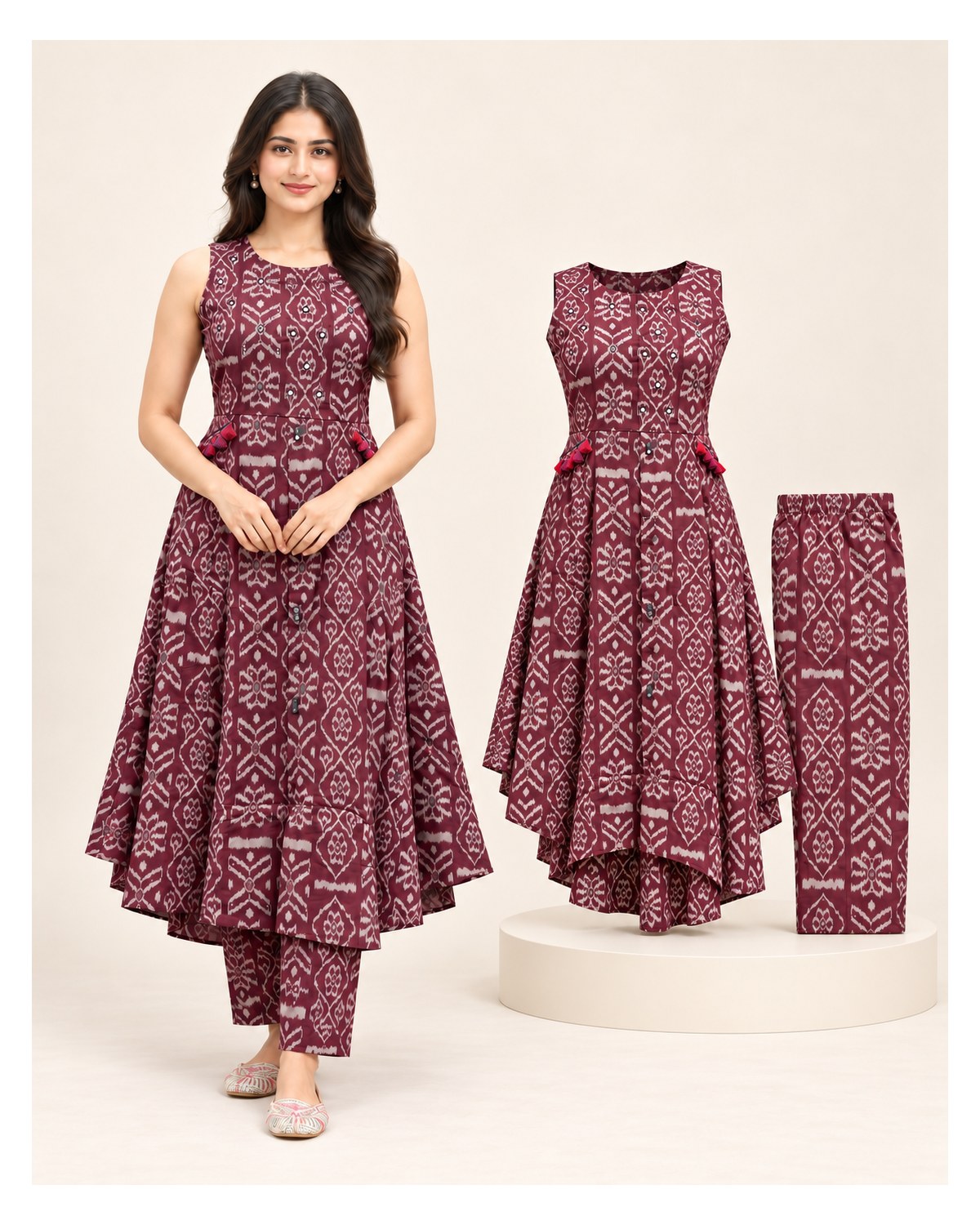 Heavy Cotton Handwork Kurti & Pant Set - Wine - image 2 | SONAS Clothing