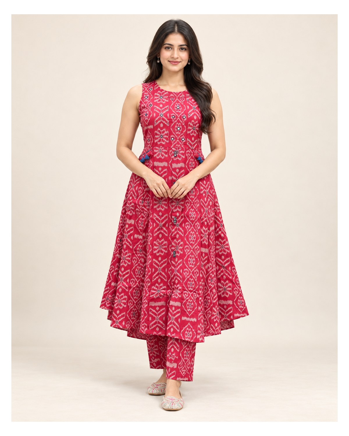 Heavy Cotton Handwork Kurti & Pant Set - Red - CO-ORD SET | SONAS Clothing