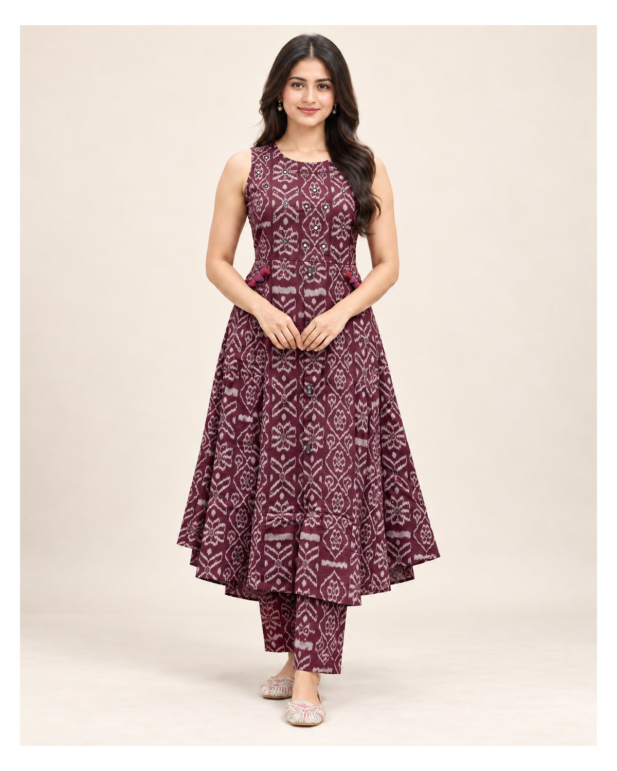 Heavy Cotton Handwork Kurti & Pant Set - Wine - CO-ORD SET | SONAS Clothing