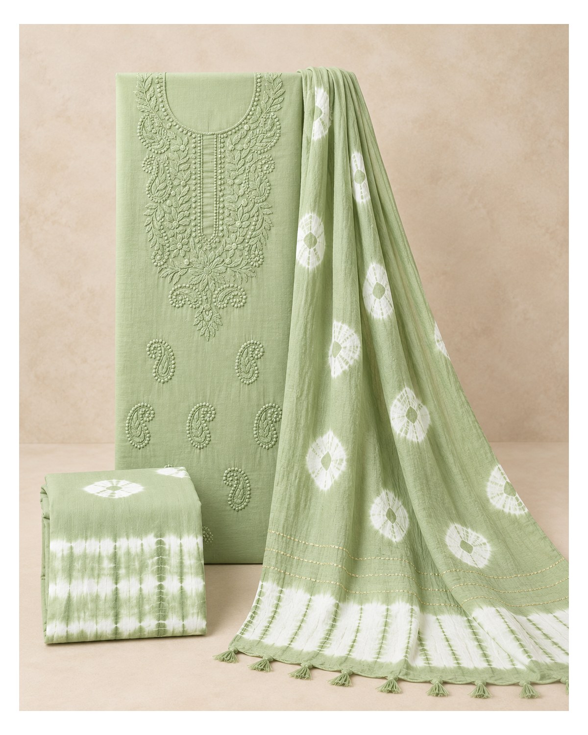 Lucknowi Embroidered Cotton Batik Churidar Material - Sage Green - image 2 | SONAS Clothing
