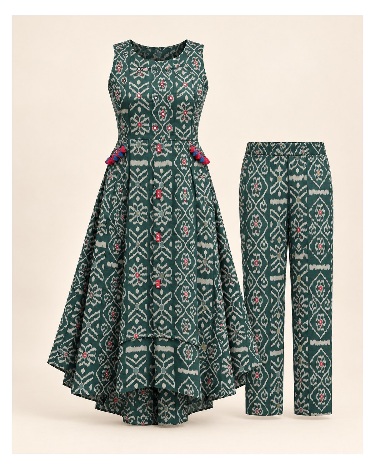 Heavy Cotton Handwork Kurti & Pant Set - Deep Green - image 3 | SONAS Clothing