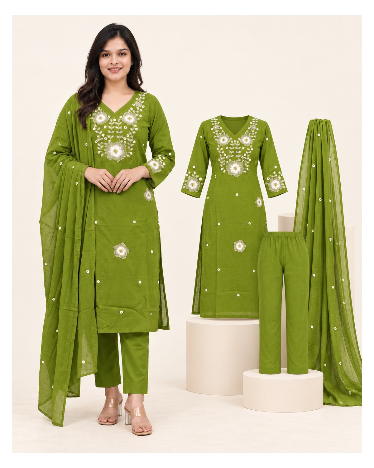 Premium Fine Cotton Embroidered Kurti Pant Dupatta Set - Olive Green - image 2 | SONAS Clothing