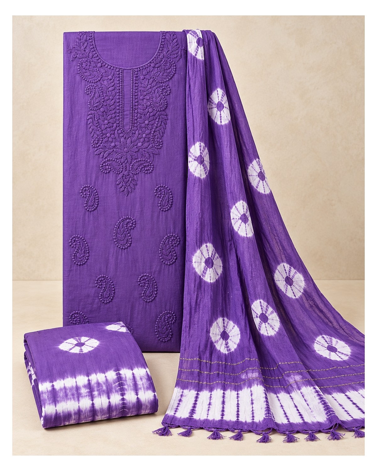 Lucknowi Embroidered Cotton Batik Churidar Material - Deep Violet - image 2 | SONAS Clothing