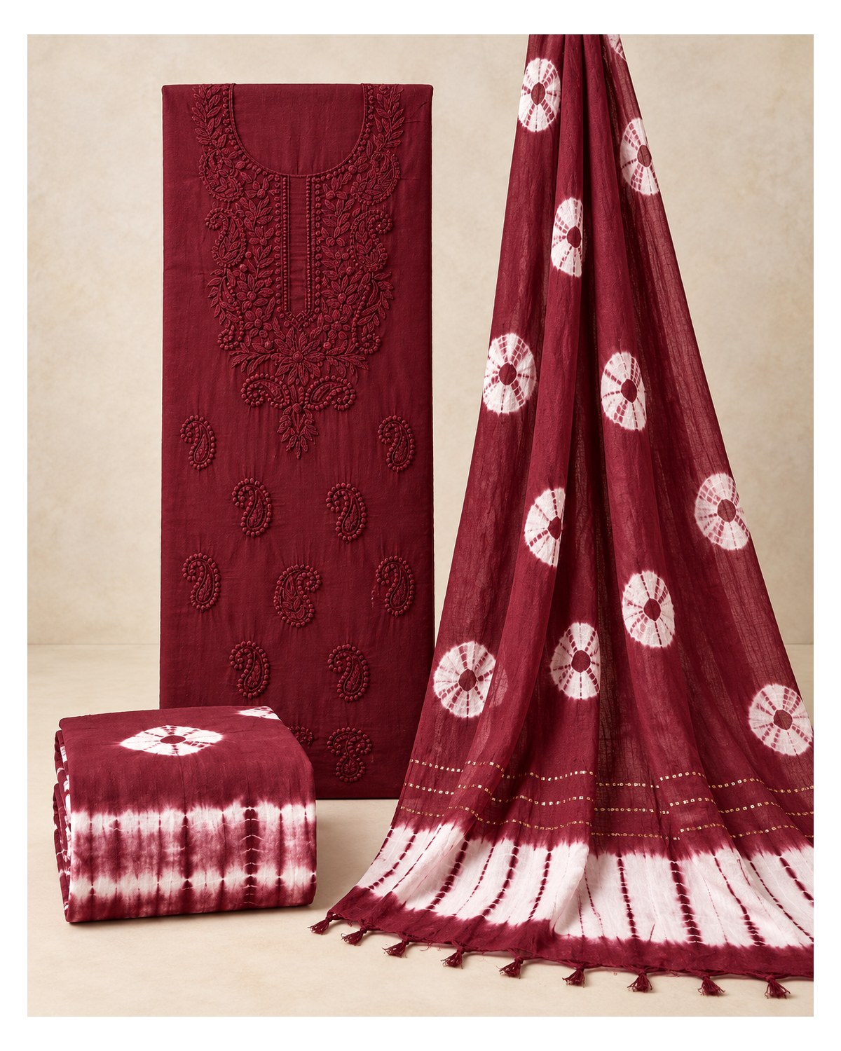 Lucknowi Embroidered Cotton Batik Churidar Material - Maroon / Wine - image 2 | SONAS Clothing