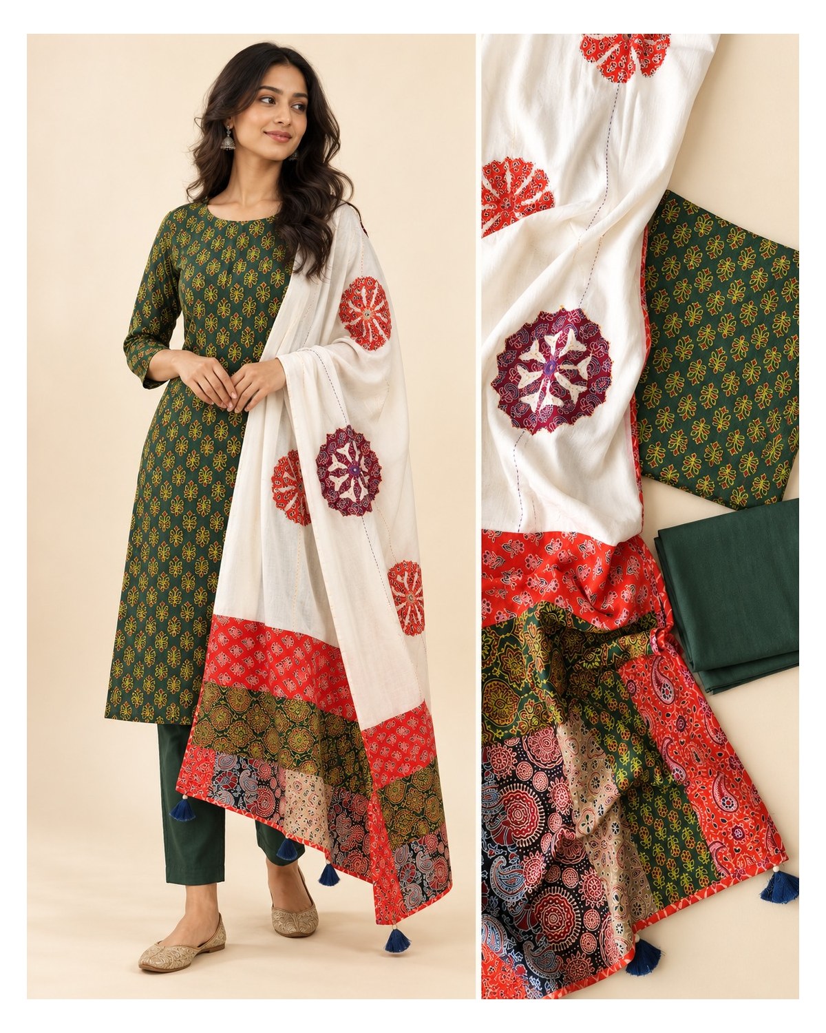 Ajrakh Printed Cotton Patchwork Dupatta Suit - Dark Green / Ivory Patchwork - image 3 | SONAS Clothing