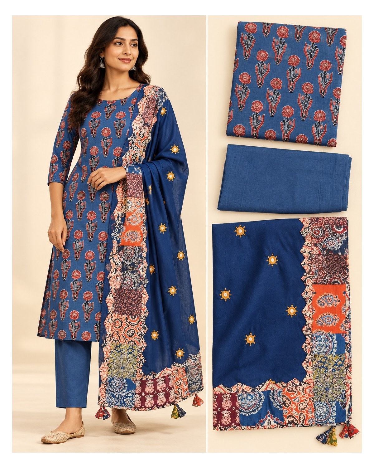 Ajrakh Printed Cotton Patchwork Dupatta Suit - Blue Floral / Black Patchwork - image 9 | SONAS Clothing