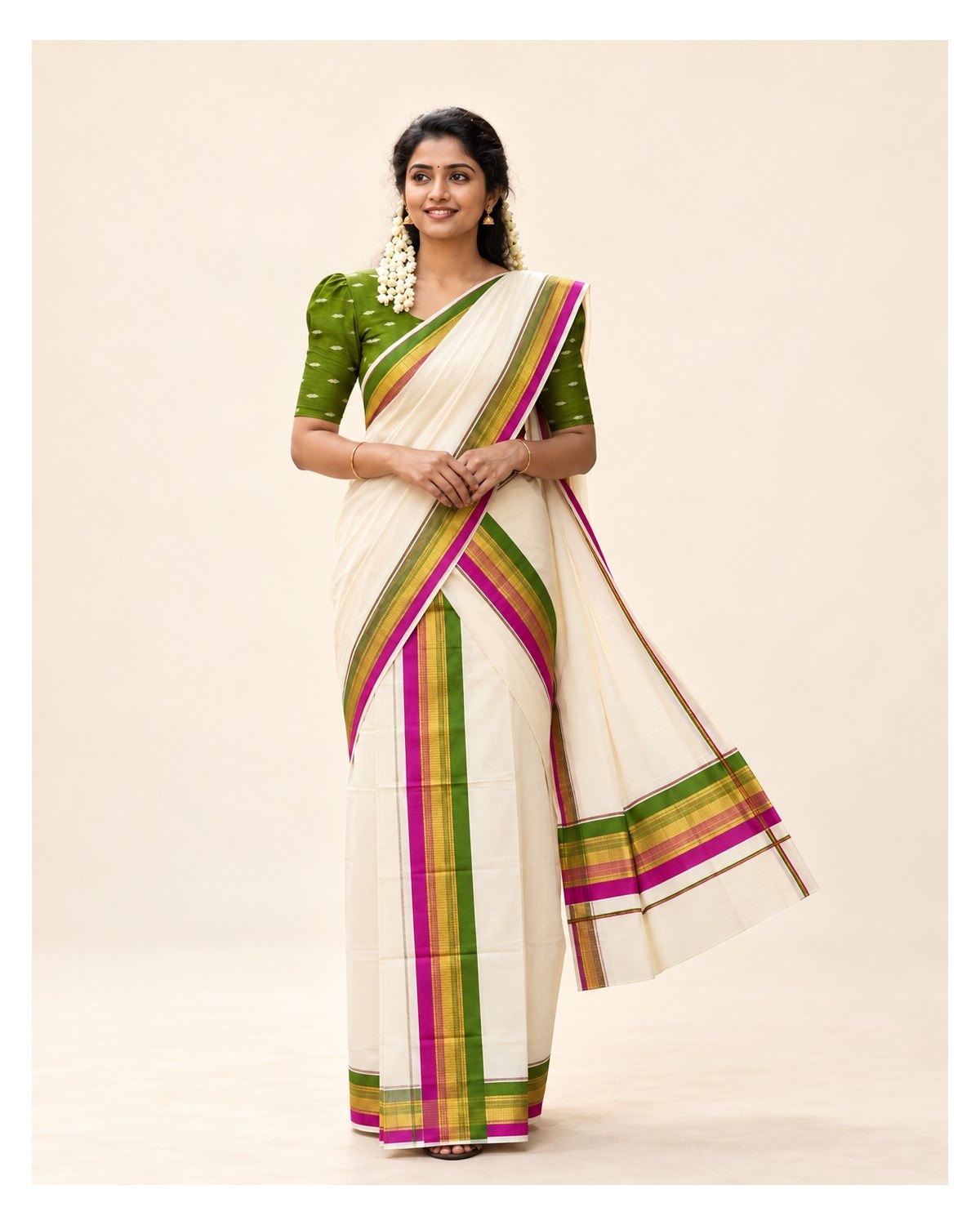 Kerala Traditional Fancy Set Mundu with Blouse - Green / Magenta / Gold