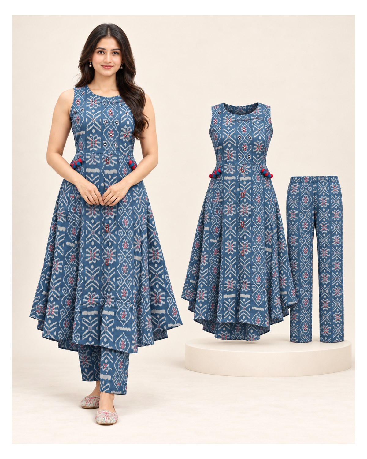Heavy Cotton Handwork Kurti & Pant Set - Blue Grey - image 2 | SONAS Clothing