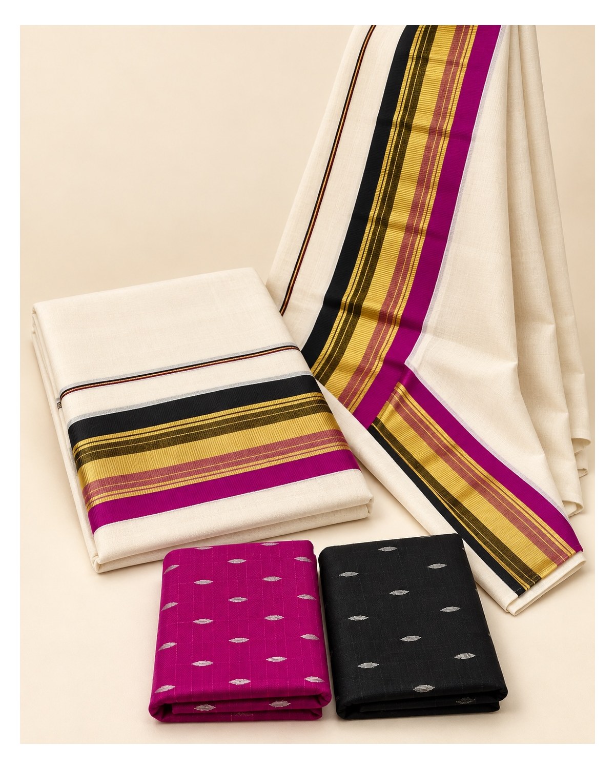 Kerala Traditional Fancy Set Mundu with Blouse - Magenta / Black / Gold - image 3 | SONAS Clothing