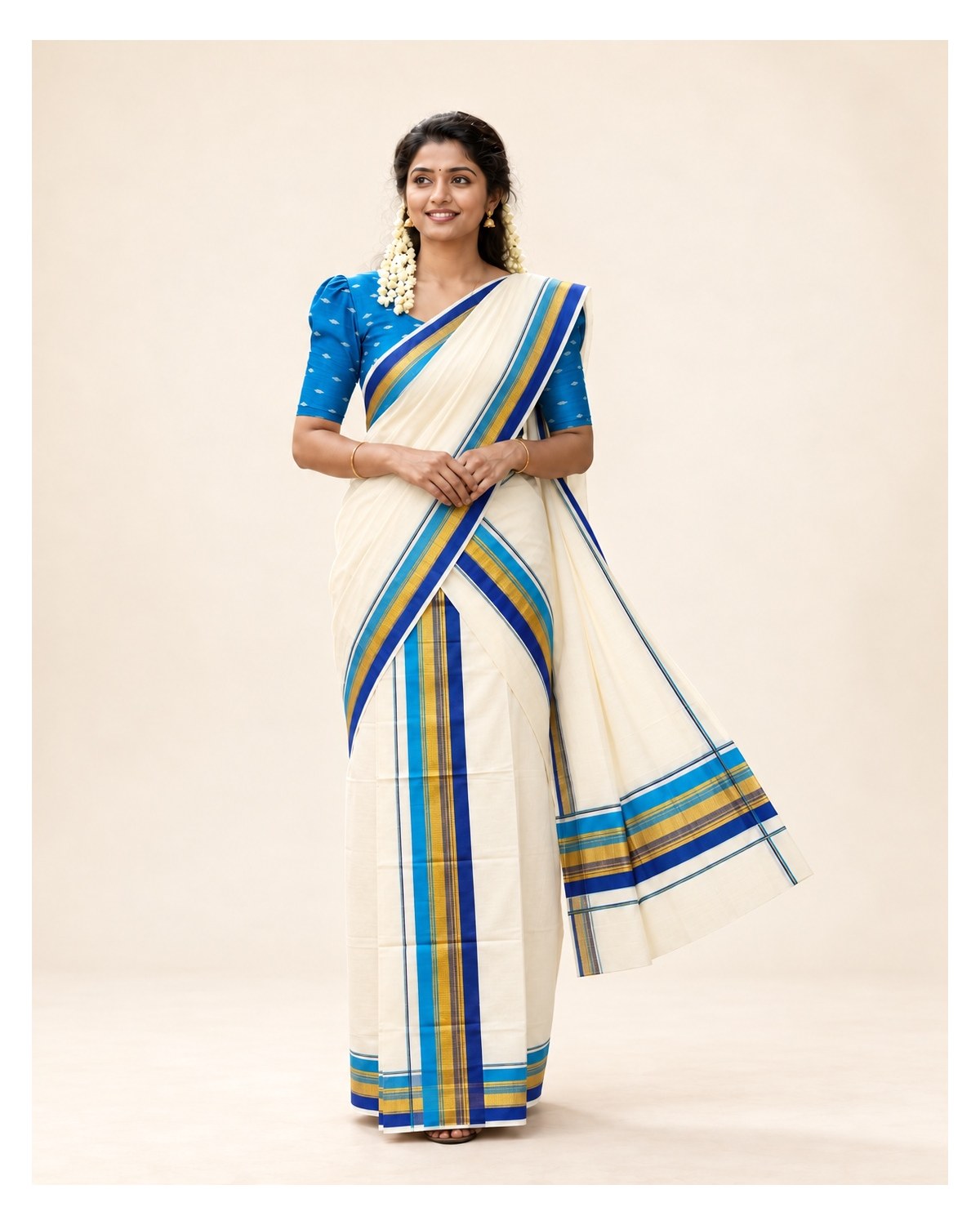 Kerala Traditional Fancy Set Mundu with Blouse - Royal Blue / Sky Blue / Gold