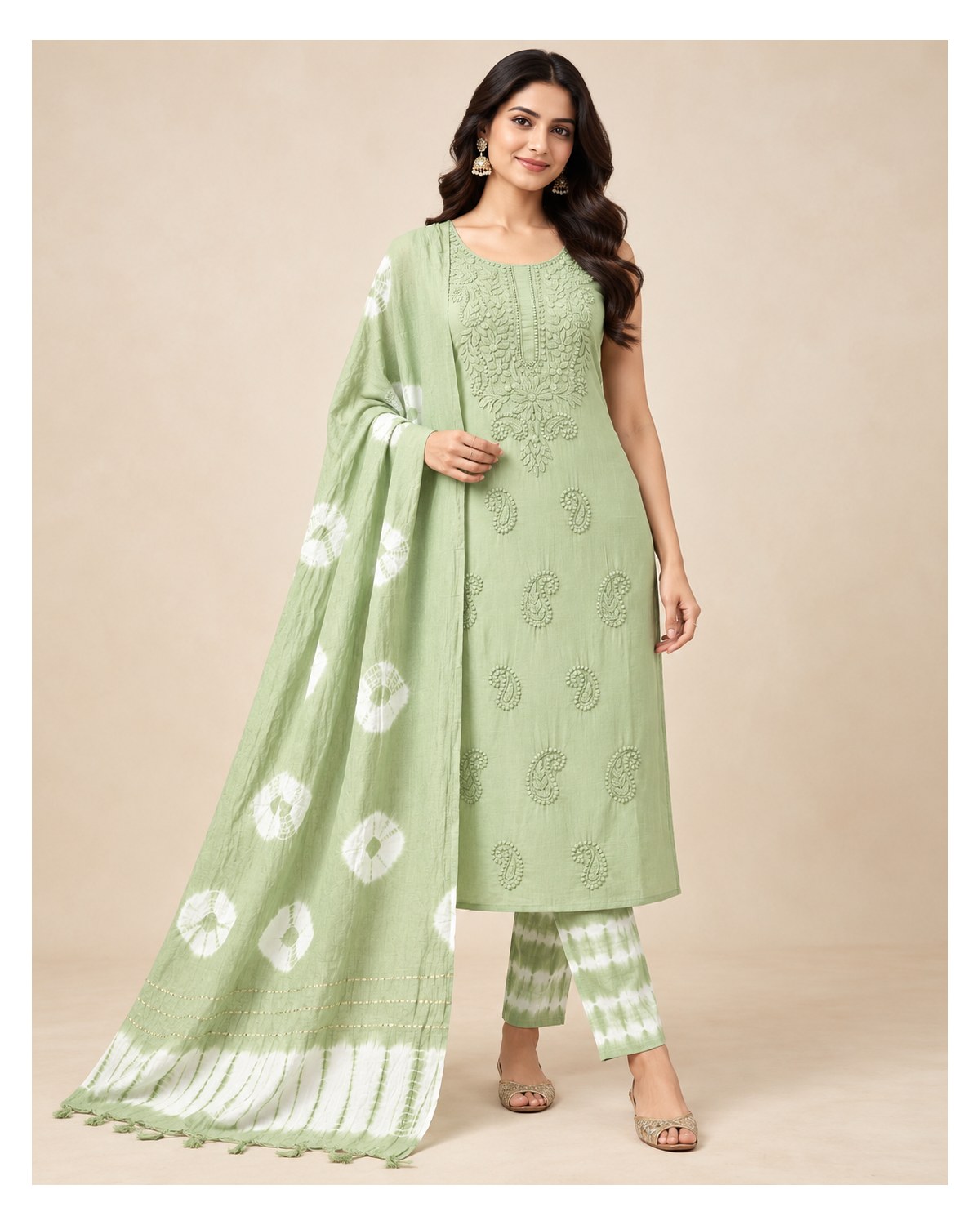 Lucknowi Embroidered Cotton Batik Churidar Material - Sage Green