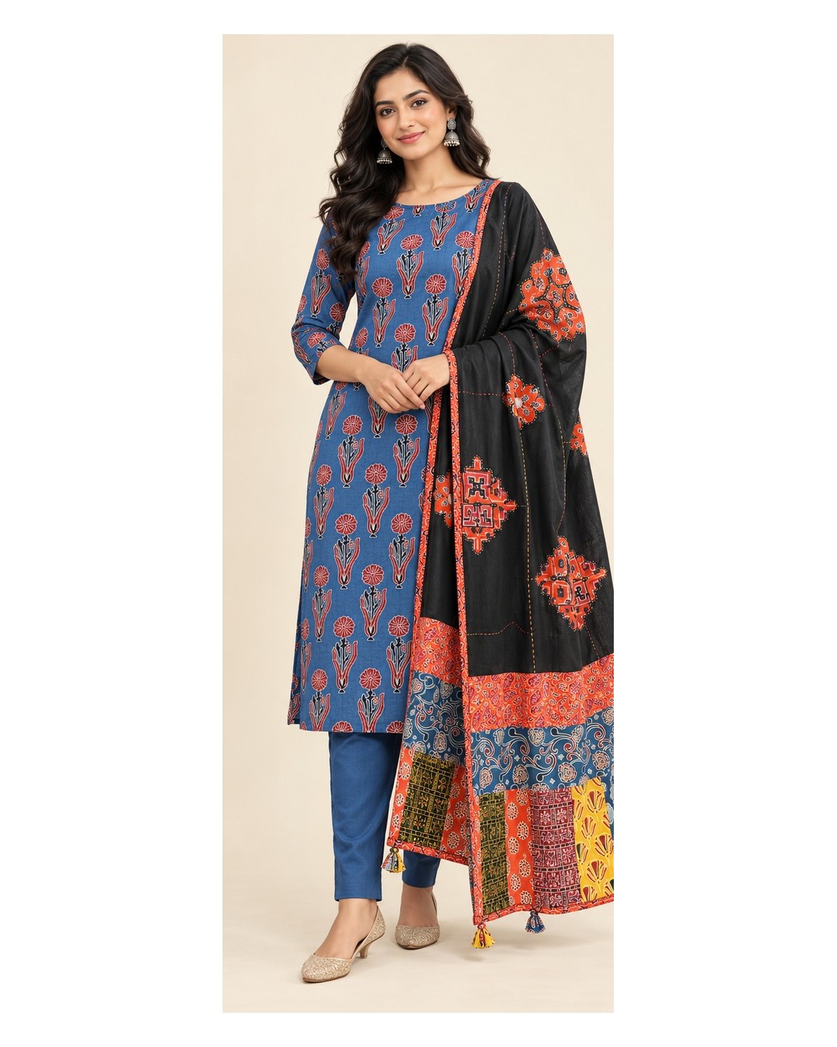 Ajrakh Printed Cotton Patchwork Dupatta Suit - Blue Floral / Black Patchwork - image 10 | SONAS Clothing