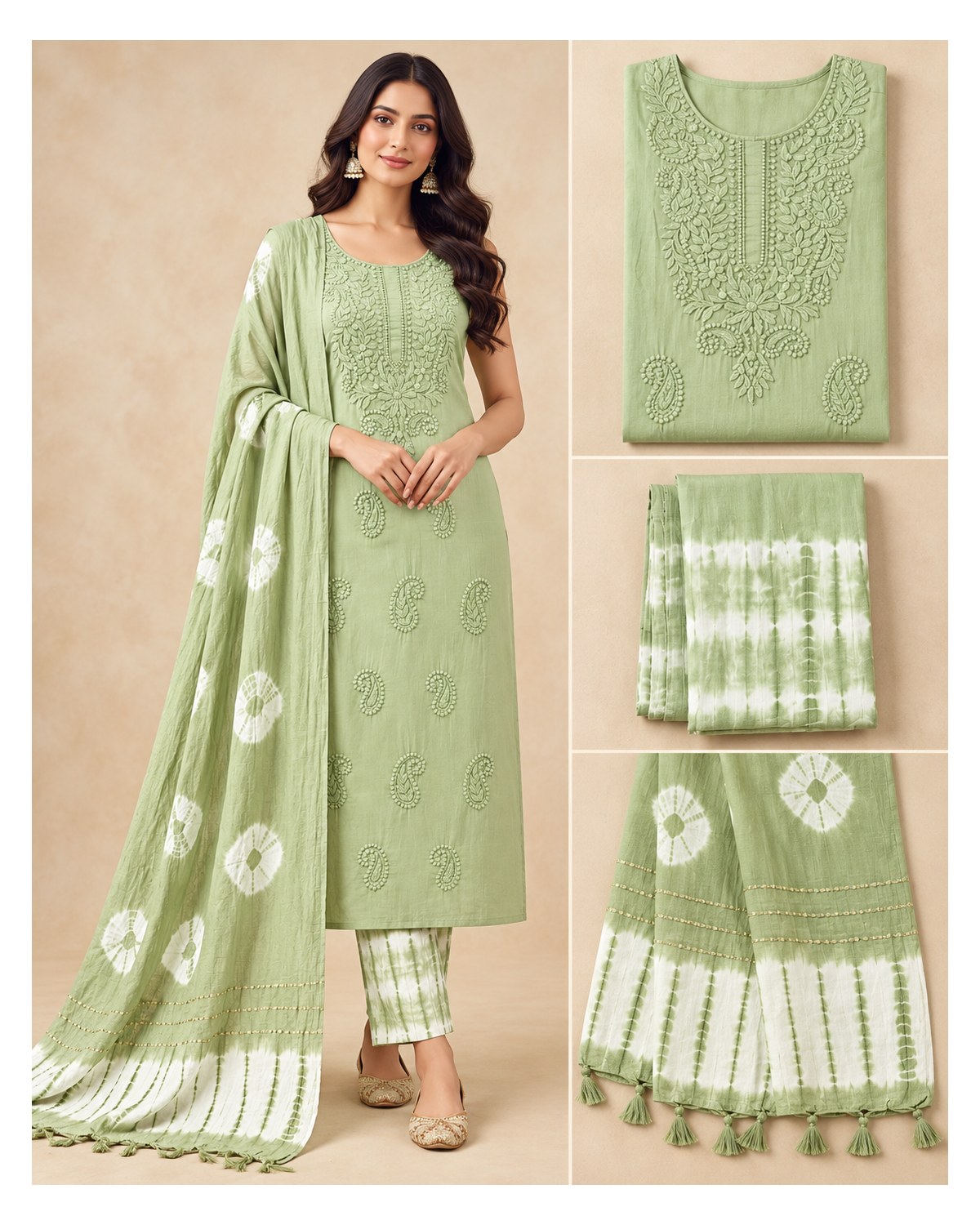 Lucknowi Embroidered Cotton Batik Churidar Material - Sage Green - image 3 | SONAS Clothing