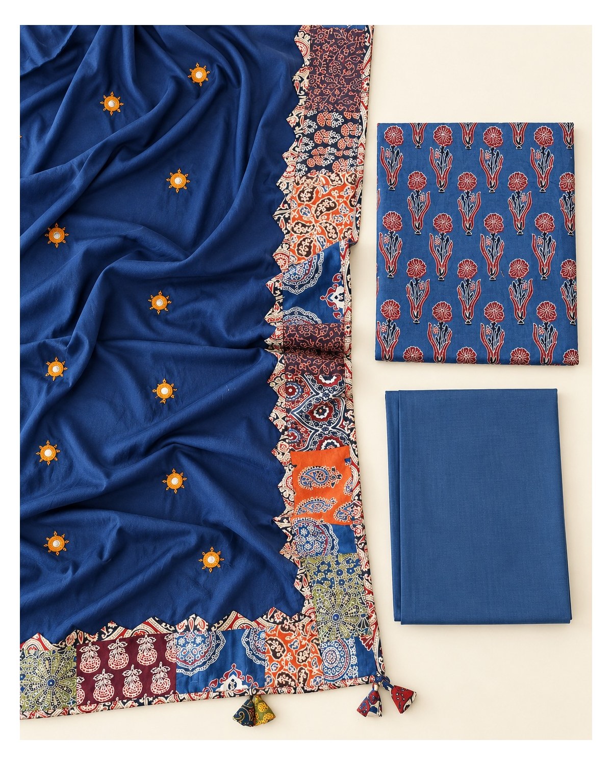 Ajrakh Printed Cotton Patchwork Dupatta Suit - Slate Blue Floral / Royal Blue Patchwork - image 10 | SONAS Clothing