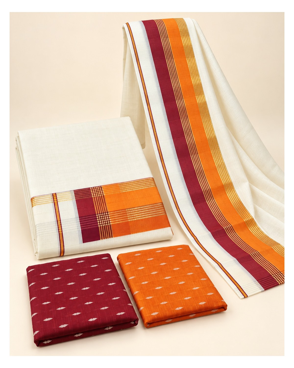 Kerala Traditional Fancy Set Mundu with Blouse - Orange / Maroon / Gold - image 3 | SONAS Clothing
