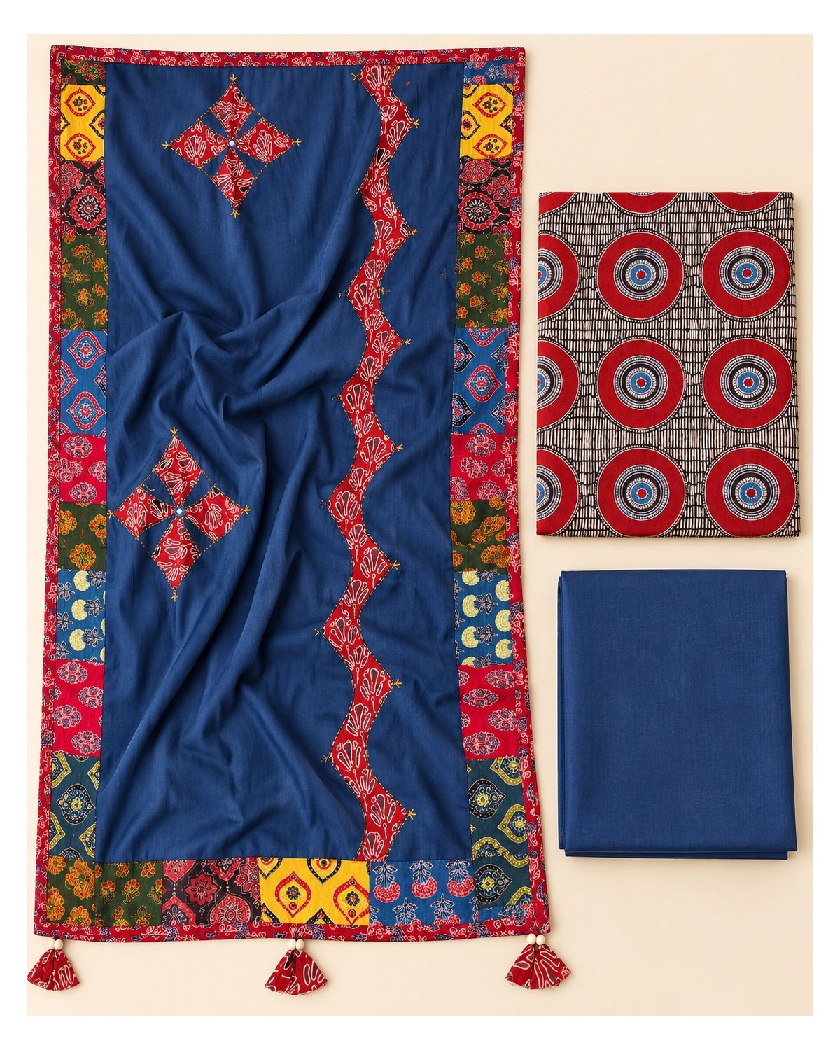 Ajrakh Printed Cotton Patchwork Dupatta Suit - Red Medallion / Navy Patchwork - image 3 | SONAS Clothing
