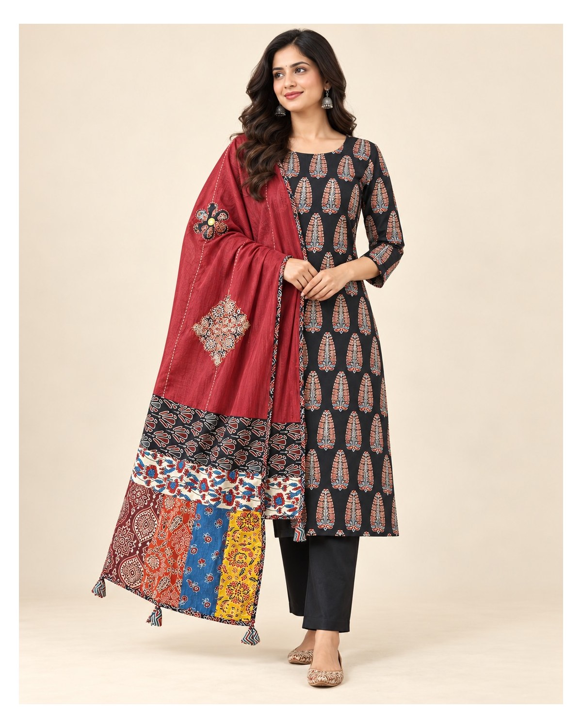Ajrakh Printed Cotton Patchwork Dupatta Suit - Charcoal / Maroon Patchwork - image 7 | SONAS Clothing